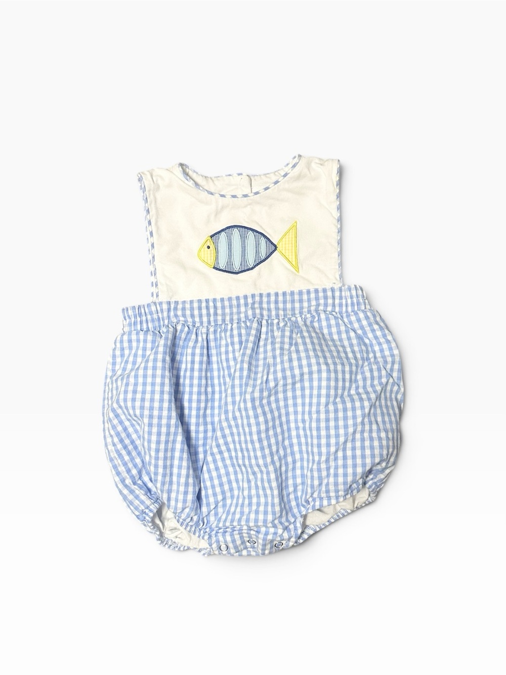 Blue & White Gingham Baby Romper with Fish Applique